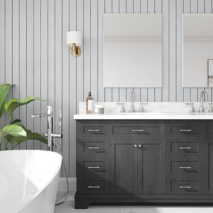 VEELIKE Light Grey Wood Slat Wall Panel Peel and Stick Wood Wall Panels