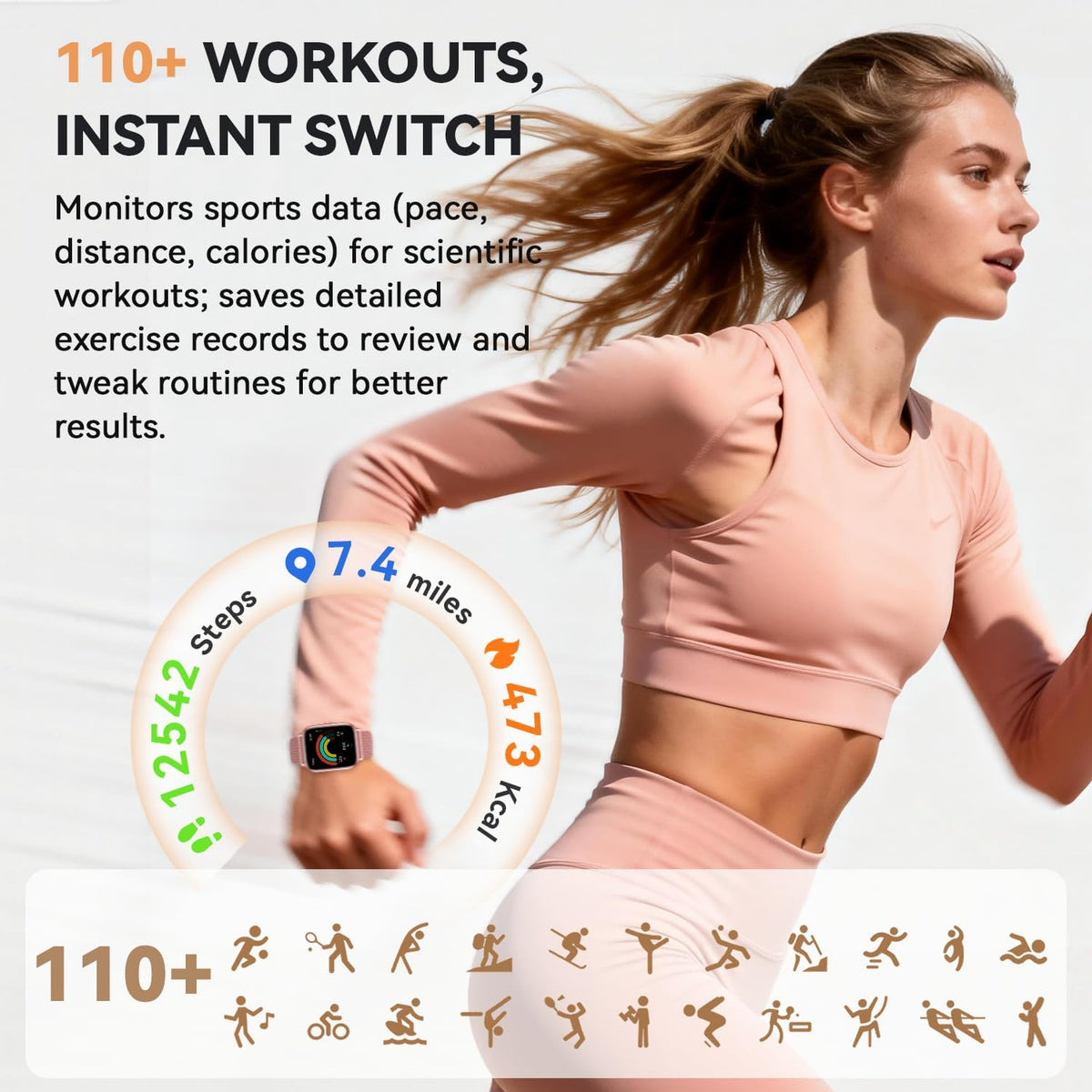 Skiennix Smart Watch | 1000mAh Battery, Call Function & Fitness Tracker | Pink, 3 Straps, iOS/Android Compatible
