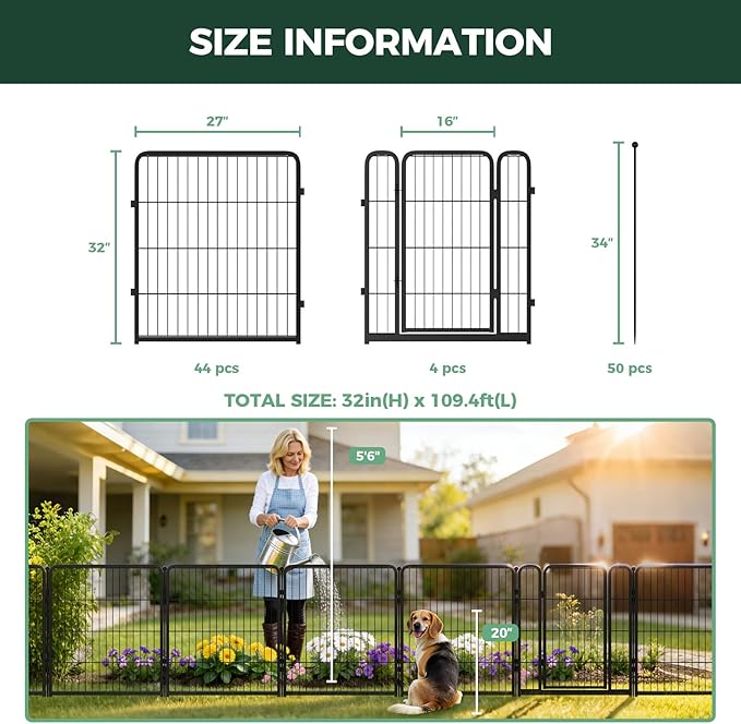 FXW Garden Fence Outdoor for the Yard – 32in(H) x 109.4ft(L) Heavy Duty Metal Animal Barrier for Dog, No Dig Decorative Dog Fence, 48 Panels, Black