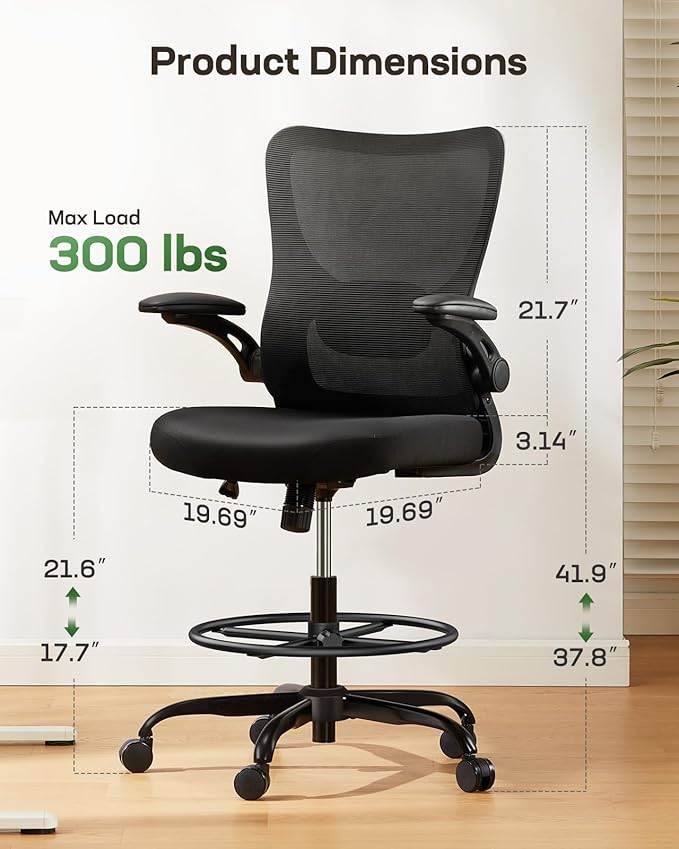 Marsail Drafting Chair, Tall Office Chair with 2D Lumbar Support, Standing Desk Chair,High Office Chair with Padded Flip-Up Armrests & Adjustable Footrest Ring, Ebony