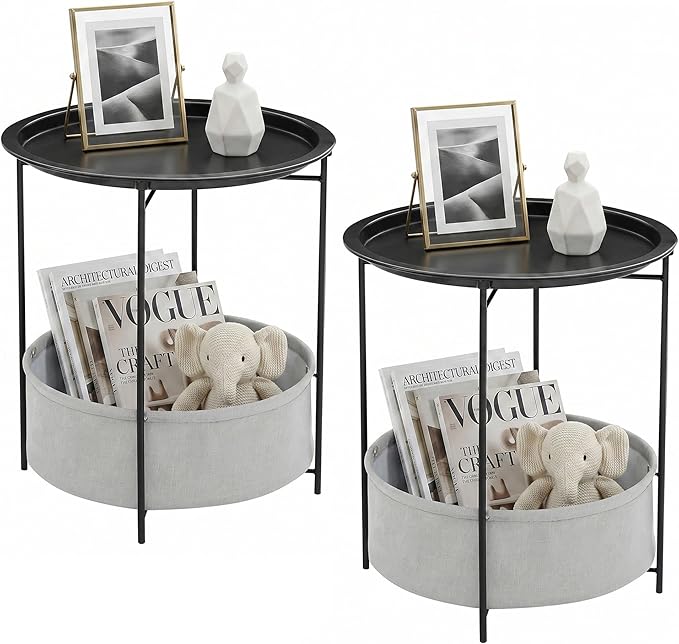 VECELO Round Side/End Table with Fabric Storage Basket，Metal Anti-Rust and Waterproof Small Bedside Nightstand with Removable Tray Top for Living Room，Balcony & Laundry，Black /2pcs with Basket