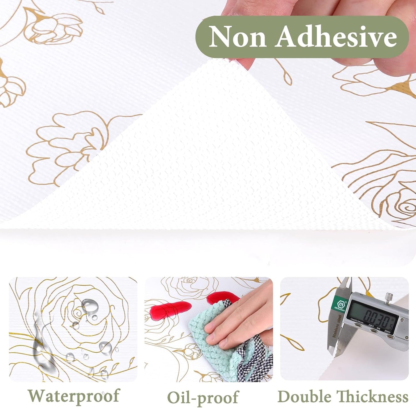 Shelf Liners for Kitchen Cabinets 23.6in x 39.37FT Non Adhesive Drawer Liner Gold Floral Thickened Shelf Liner Paper Strong Non-Slip Easy to Clean for Tool Box Refrigerator with Knife and Tape Measure
