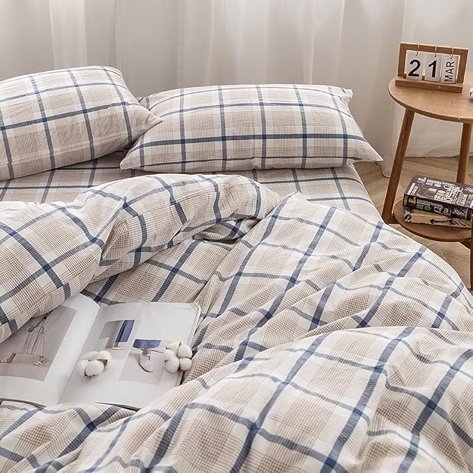 FACE TWO FACE Bedding Duvet Cover Set 3 Pieces 100% Washed Cotton Duvet Cover Linen Like Textured Breathable Durable Soft Comfy (California King,Blue Grid)