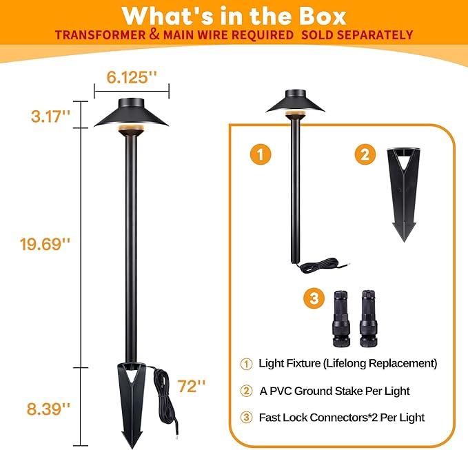 Brass Low Voltage Pathway Lights - 12V LED Landscape Path Lighting, Walkway Light Waterproof IP65, Hat Shaped Wired ‎Classic Black for Outdoor Entrance Garden G4 Bulb Not Included (6 Pack)