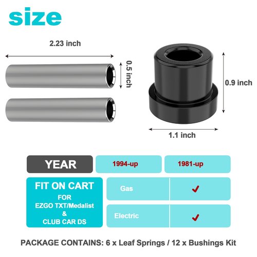 10L0L Golf Cart Rear Leaf Spring Bushing Kit Fits Club Car DS 1992-Up & EZGO TXT/Medalist 1994-Up, Replacement for OEM 1015583 1012303 70289-G02 70291-G01, Eliminates Noise & Improves Ride Quality