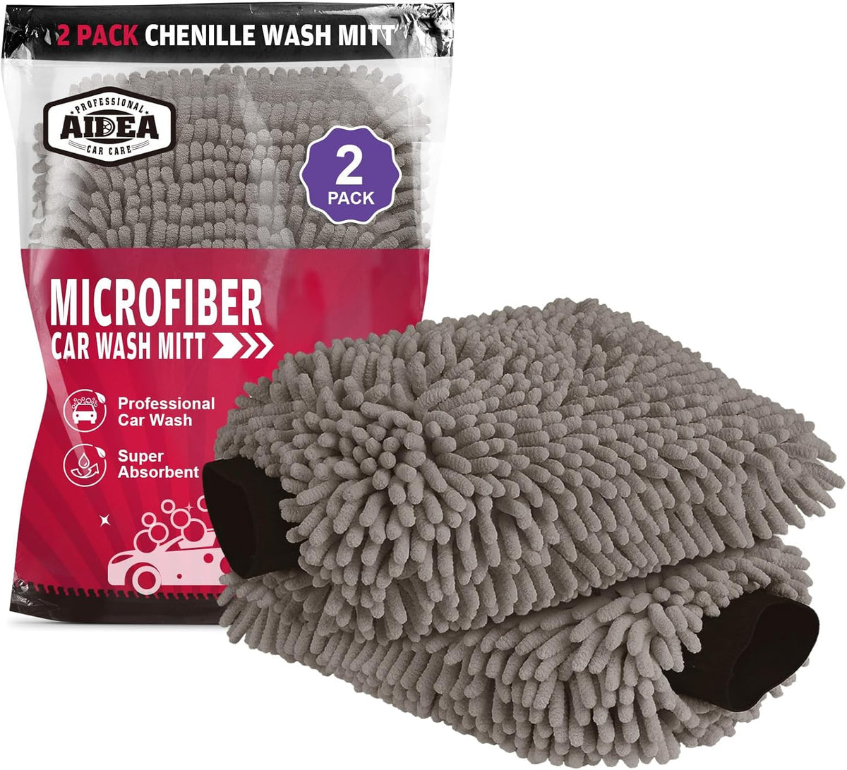 AIDEA Car Wash Mitt Microfiber-2Pack, Scratch-Free& Lint-Free, Premium Chenille Microfiber Wash Mitt-Grey Extra Large Size (8''X12'')