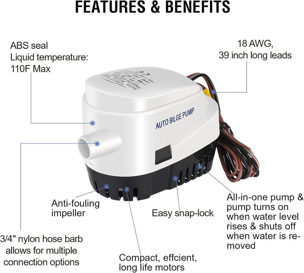 Skiennix 750GPH Automatic Submersible Bilge Water Pump - Float Switch & 3/4 Inch Outlet Diameter