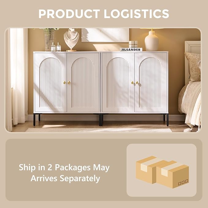 Modern Buffet Cabinet with Storage, 61.75" W Fluted Arched Sideboard Cabinet w/Adjustable Shelves, Wooden Modular Coffee Bar for Dining Room, Kitchen, Living Room, Entryway, White