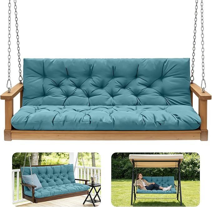 Porch Swing Cushions,Outdoor Cushions 3 Seater Replacement with Backrest, Waterproof Thickened Bench Cushion with Ties for Porch, Patio,Outdoor, Backyard and Garden (Lake Blue 40 * 40 in)