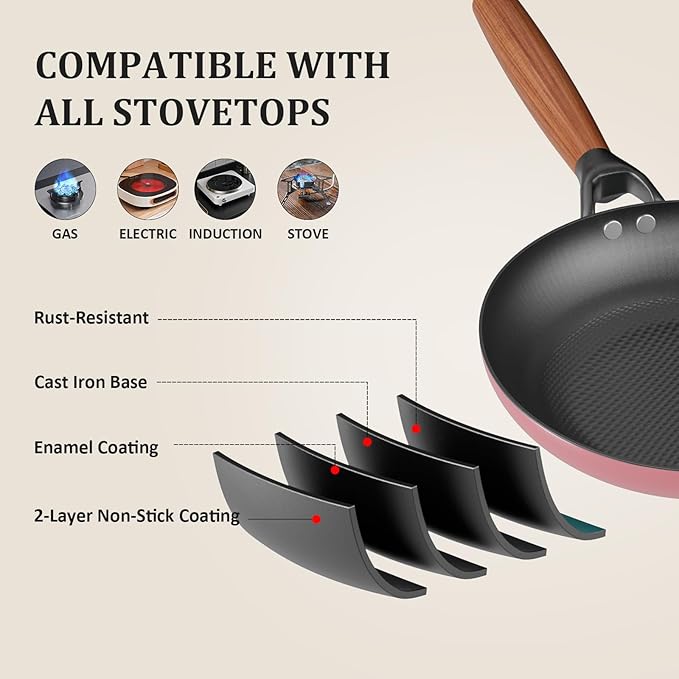 YUTANN Nonstick Frying Pan, 8 inch Enameled Cast Iron Pan Kitchen Healthy Egg Fry Pan Omelette with Detachable Handle, Lightweight Pre-seasoned Cast Iron Skillet, Dishwasher & Oven Safe
