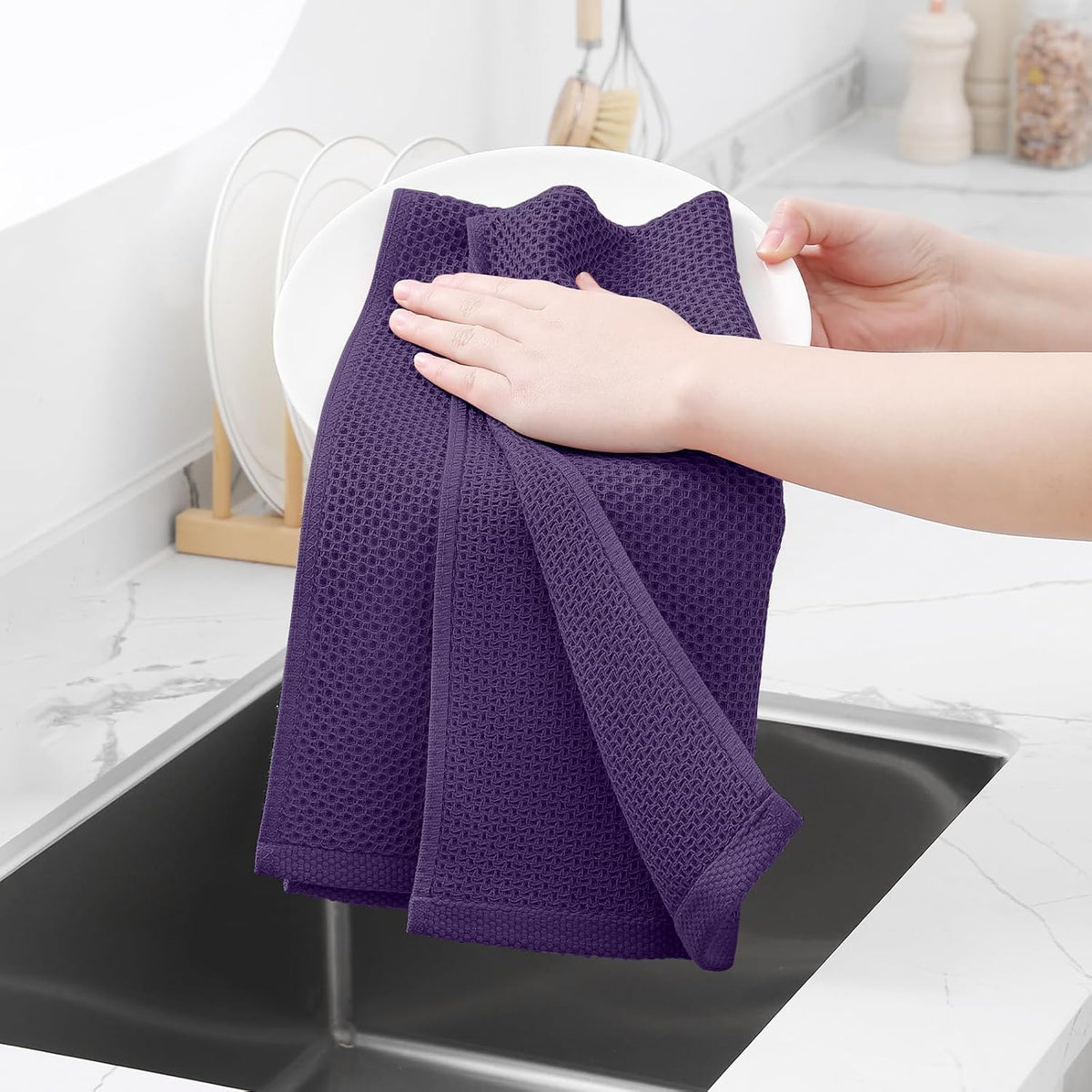 Homaxy 100% Cotton Waffle Weave Kitchen Dish Towels, Ultra Soft Absorbent Quick Drying Cleaning Towel, 13 x 28 Inches, 12-Pack, Eggplant
