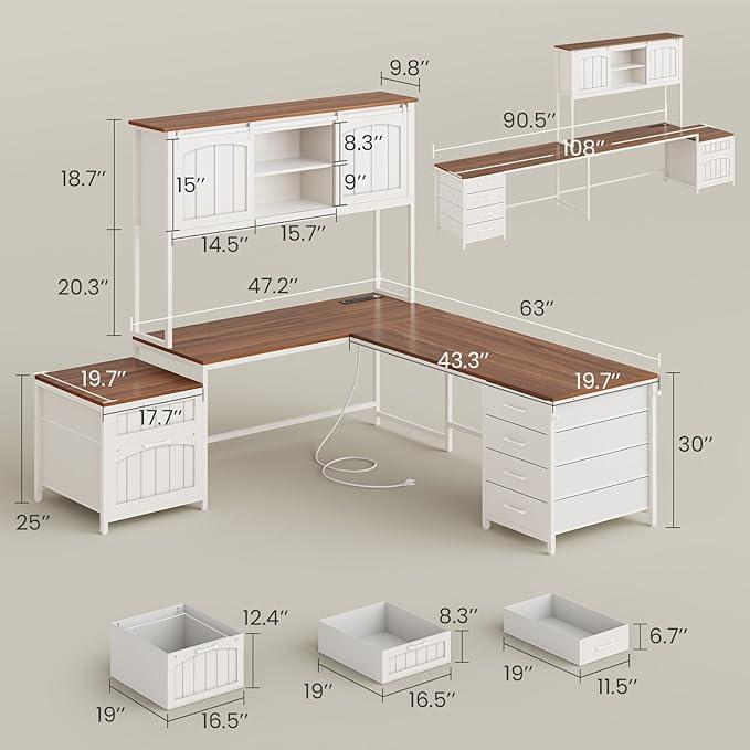 SEDETA Farmhouse L Shaped Office Desk with 6 Drawer, Reversible Computer Desk with Power Outlet, Hutch for Home Office/Two Person, Corner Desk with File Drawer & Printer Storage Shelves, White