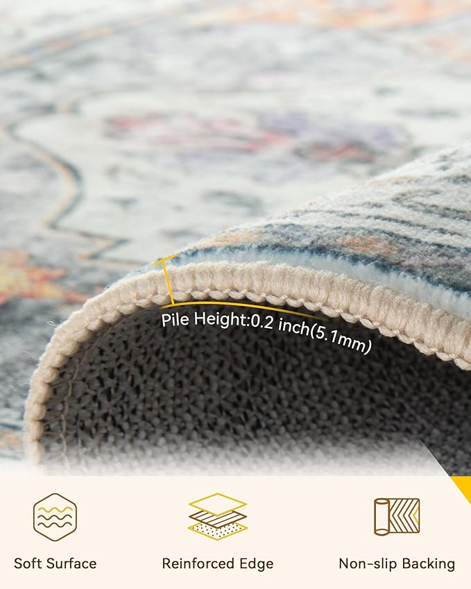 Area Rugs 8'x10' Washable Non-Slip, Floral Vintage Distress Print Pattern Medallion Carpet for Living Room Bedroom Dining Room, Light Yellow Carbon Grey Orange