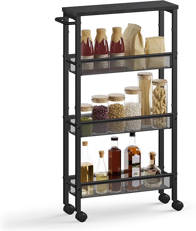 VASAGLE Slim Rolling Cart, 4-Tier Storage Cart, Narrow Cart with Handle, 5.1 Inches Deep, Metal Frame, for Kitchen, Dining Room, Living Room, Home Office, Ebony Black and Classic Black ULRC032B04