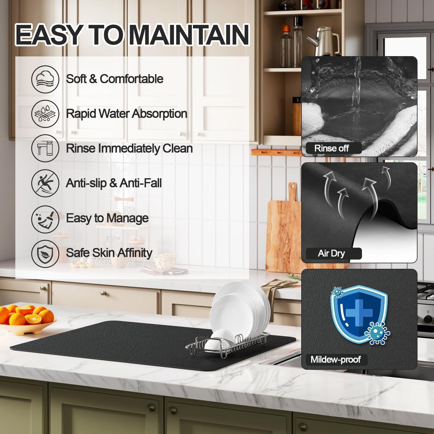 Dish Drying Mat for Kitchen Counter | Coffee Bar Mat for Countertops | Heat Resistant Drainer Mat with Non-slip Rubber Backed | Hide Stain Kitchen Absorbent Draining Mat | Black 18"x32"