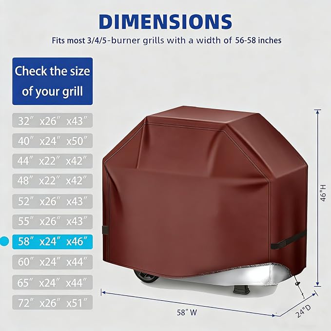 BBQ Gas Grill Cover for Outdoor, Anti-UV, Rip-Proof, 600D Oxford Fade Resistant Material, Barbecue Cover with Hook and Loop Straps & Adjustable Hem Drawstring (Reddish Brown, 58”x24”x46”)