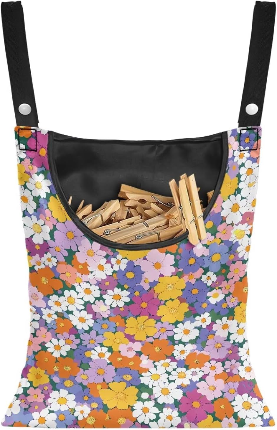 2 Pcs Pin Bag, Hippie Flower Print Hanging Bag with Large Opening Washable Clothes Pin Hanging Bag Easy to Use Storage Clothes Pins & Wooden Clothespins for Outdoor