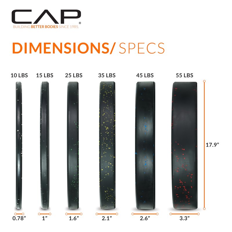 CAP 370 lb Economy Speckled Olympic Bumper Plate Set 2-Inch Olympic Plates, Medium Bounce Rubber Weight Plates with Steel Hub for Weightlifting, Strength Training & Home Gym Workouts