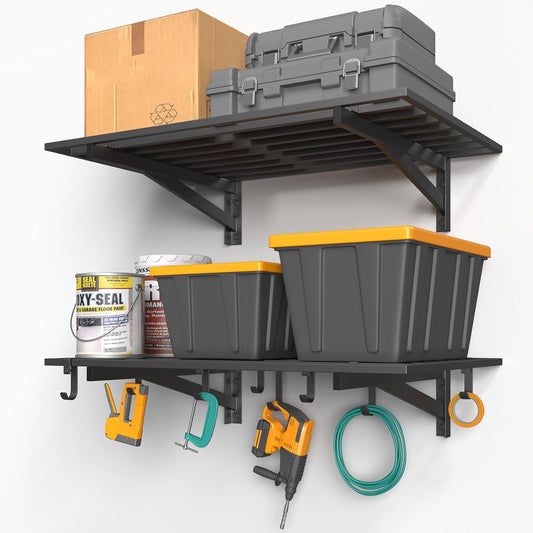 2-Pack 2x3ft Garage Shelving Wall Mounted, 2' x 3' Heavy Duty Garage Storage Shelves with Hooks, 400LB Capacity
