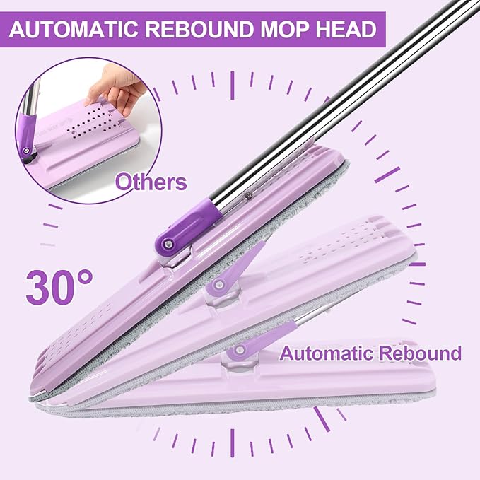 Mop and Bucket with Wringer Set, Hands Free Flat Floor Mop and Bucket, 5 Washable Microfiber Pads Included, Wet and Dry Use, Home Floor Cleaning System for All Floor Types and Windows,Purple