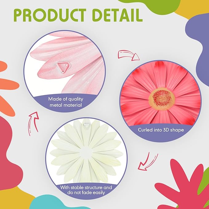 Zhehao 6 Pcs Metal Flower Wall Art Decor 8 Inch Sunflower Wall Decorations Hanging Outdoor Art Multicolored Handmade Metal Flowers Outdoor Decor(Vivid Color)
