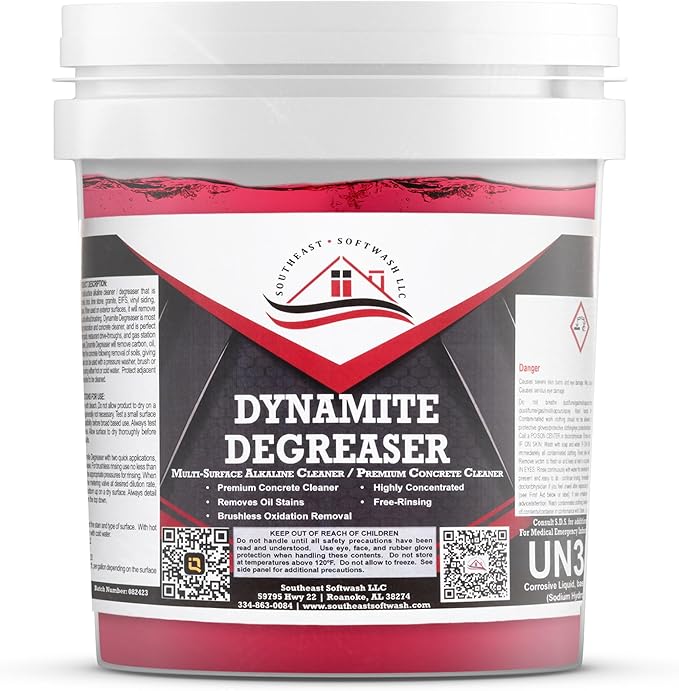Dynamite Degreaser by Southeast Softwash | Heavy Duty Degreaser Cleaner for Oil and Grease | Driveway Cleaner for Concrete, Dumpster Pads, Gas Stations and Commercial Surfaces | 5 Gallons