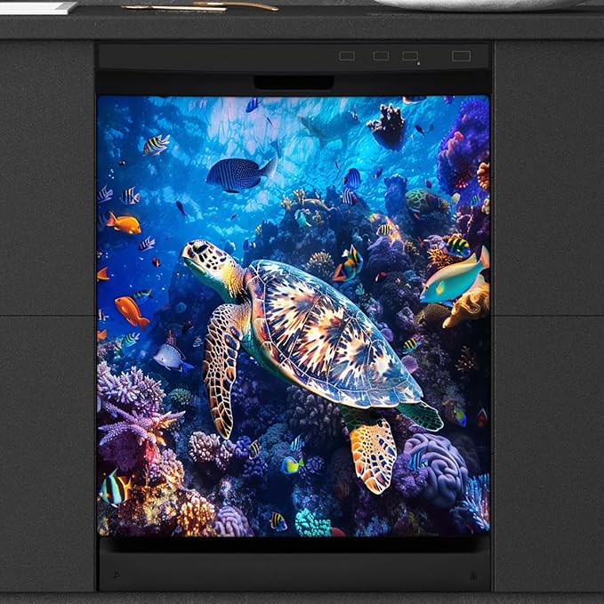 Ocean Fish Turtle Dishwasher Magnet Cover Decorative Refrigerator Covers Magnetic Reusable Dishwasher Door Cover Kitchen Appliance Sticker Cover 23x26Inch
