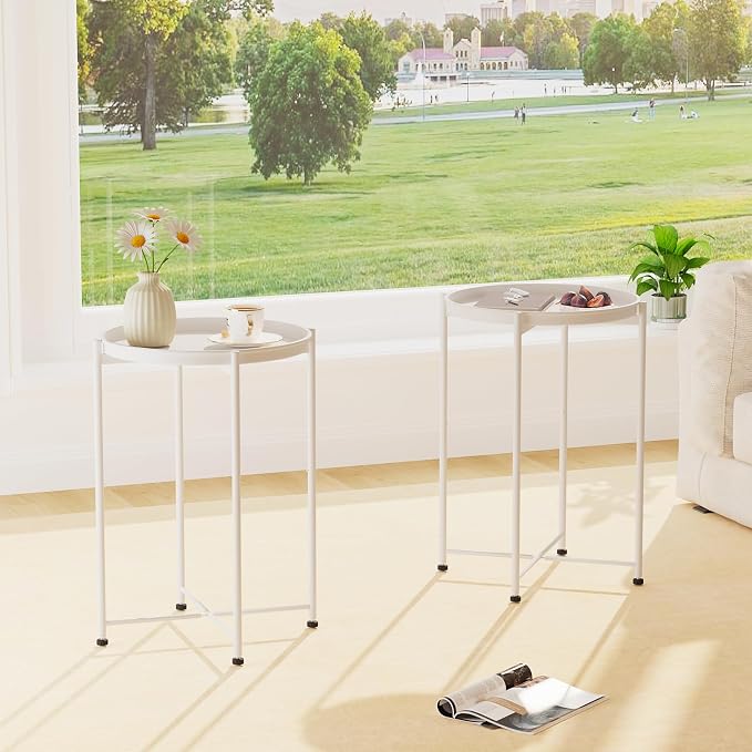 Garden 4 you Small Side Table, White Mini Round End Table, Tray Table with Metal Frame, Modern Nightstand for Living Room, Bedroom, Patio, Small Space, 1PCS