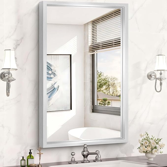 40x24 Silver Bathroom Mirror, Brushed Silver Rectangular Mirror