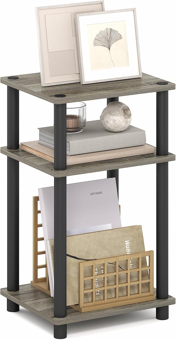 Furinno Turn-N-Tube Side Table, 3-Tier End Table with Open Shelf, Toolless Assembly Night Stand, Bedside Table, for Living Room, Bedroom, Grey Oak