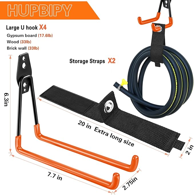 HUPBIPY Heavy Duty Garage Hooks 4 Pack, 7.7 inch U Shaped Long Hanger, with 2 Extension Cord Holder Organizer, Wall Mounted Storage System, for Power and Garden Tool Hanging， Ladders, Bikes, Hose