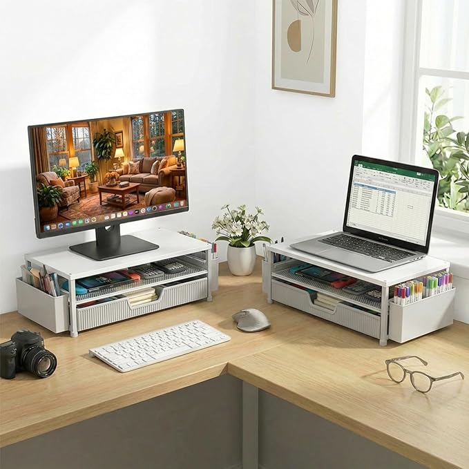 Desk Organizer and Accessories, 2-Tier Computer Monitor Stand Rise with Storage Drawer & 2 Pen Holders, Laptop & Printer Stand for Desktop, Workspace Organizers for Office Supplies (White)