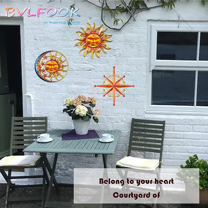 Sun Moon Star Metal Wall Art, Glass Sun Face Weird Decor, Set of 3, Valentine Wall Decor for Patio Garden Balcony Porch Yard, Farmhouse Bedroom Living Room Wall Decorations