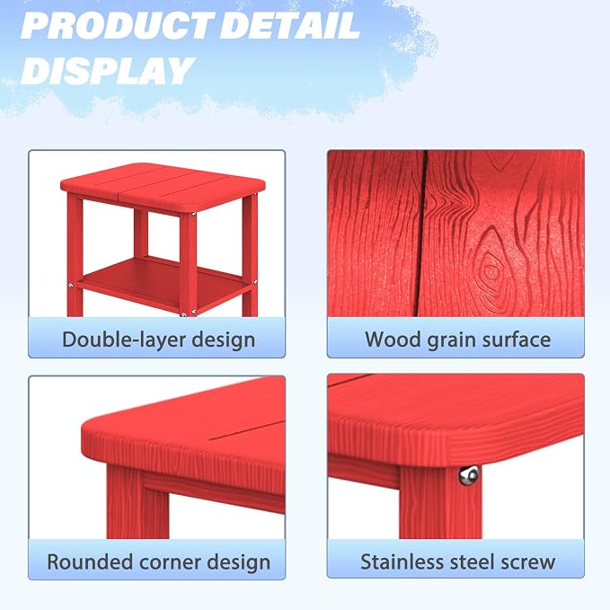 Ayge 17.7" Double Outdoor Side Table, Rectangular HDPE Adirondack End Table for Patio, Lawn, Pool, Garden, Backyard，Red