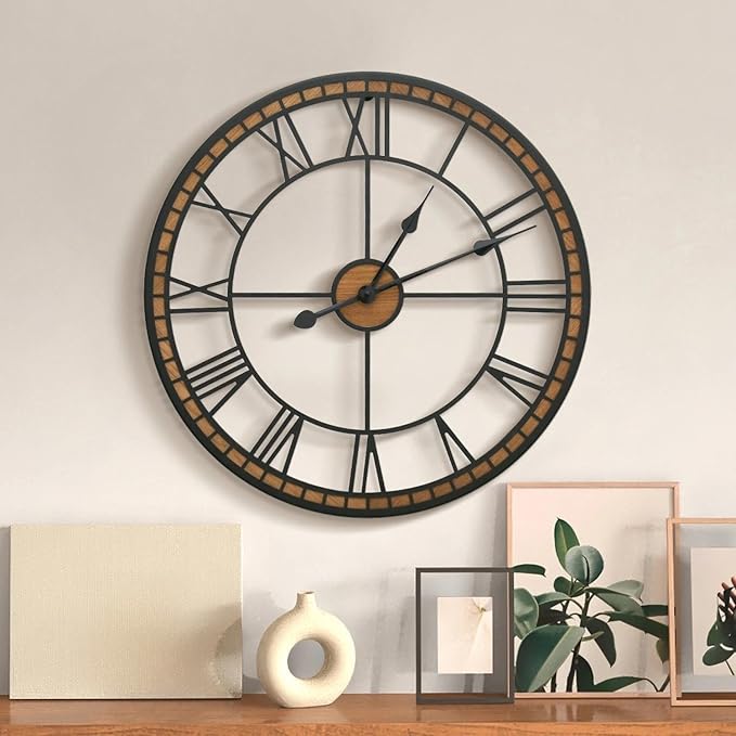 Micasso Large Farmhouse Wall Clock: 20 inch Modern Metal Black