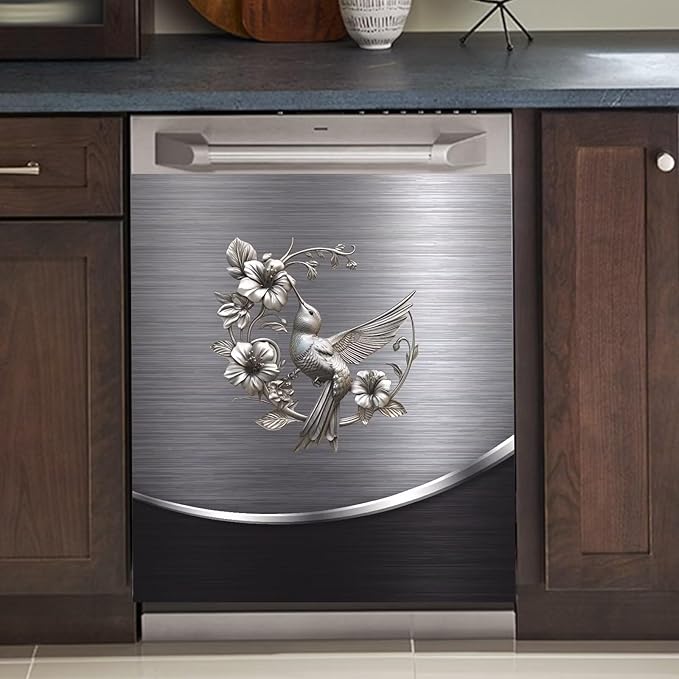 Grey Metal Silver Pattern Magnetic Dishwasher Cover Sheet Bird Flower Sticker Polishing Steelbird Dishwasher Skin Decor Silver Texture 23X17 INCH Magnet Rerigerator Kitchen Panel Decal