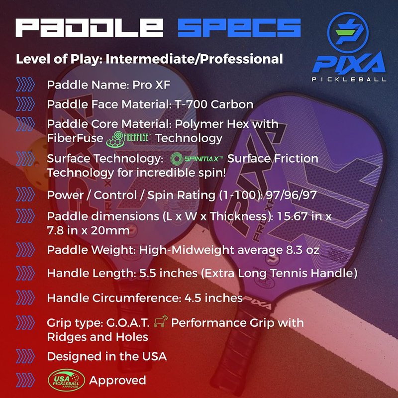 PIXA Pro XF T-700 Carbon Face Premium Pickleball Paddle; 20mm; Long 5.5 inch Handle; Premium Grip; Intermediate/Advanced; Great Gift!