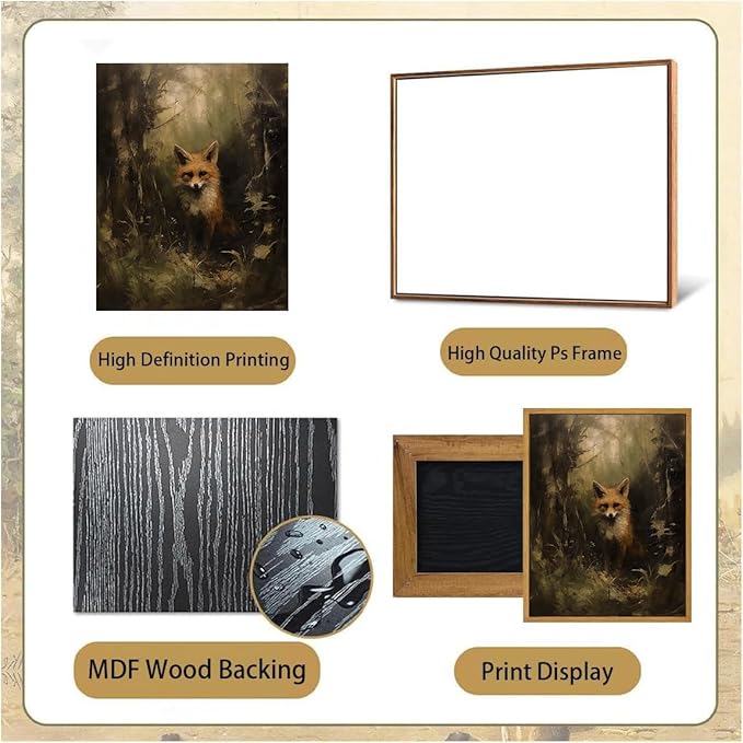 Djmwtb Vintage Framed Wall Art Fox Canvas Wall Art Prints Forest Animal Pictures Dark Academia Painting Wall Decor Artwork for Living Room Bedroom Bathroom Office 16x24in