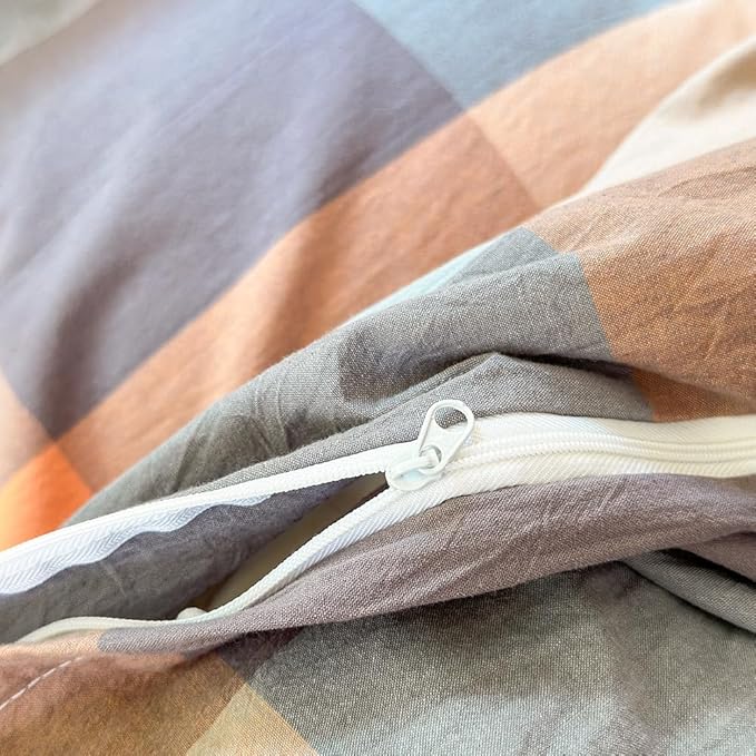 FACE TWO FACE Bedding Duvet Cover Set100% Washed Cotton Duvet Cover Linen Like Textured Breathable Durable Soft Comfy (King, Cookie Powder Grid)