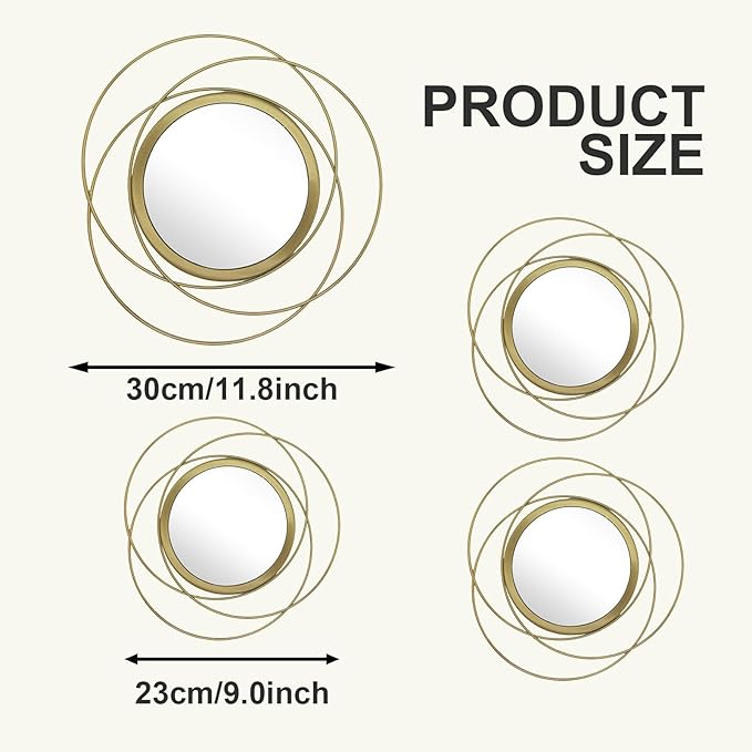 4 Piece Gold Round Wall Mirror Set Modern Metal Circle Home Decor