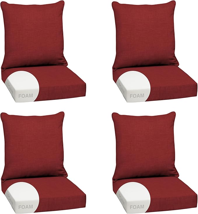 Arden Outdoor Foam Deep Seat Cushion Set (4-Pack), 24x24, Premium High-Density Foam, Never Flattens, Weather-Proof for Patio Chair Sofa Couch, Ruby Red Leala