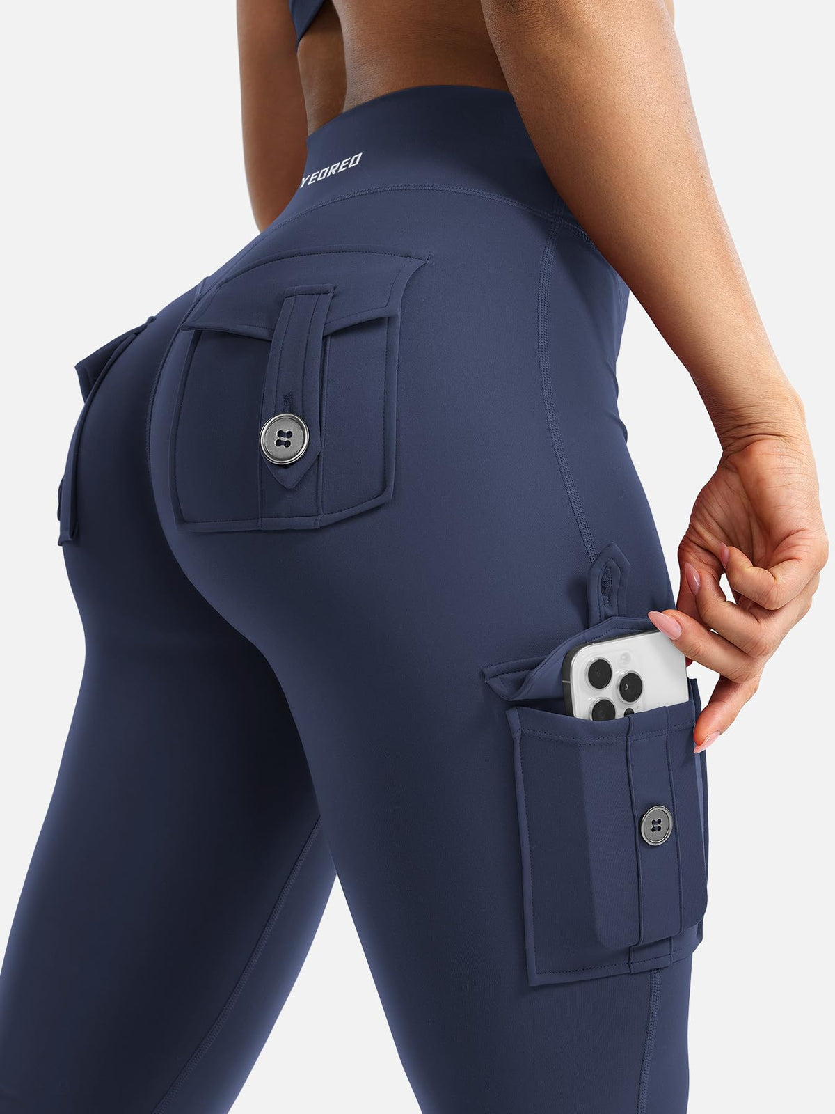 YEOREO CoreFlex Women Workout Flare Leggings with Pockets Hidden Scrunch High Waisted Cargo Gym Yoga No Front Seam Leggings Navy M