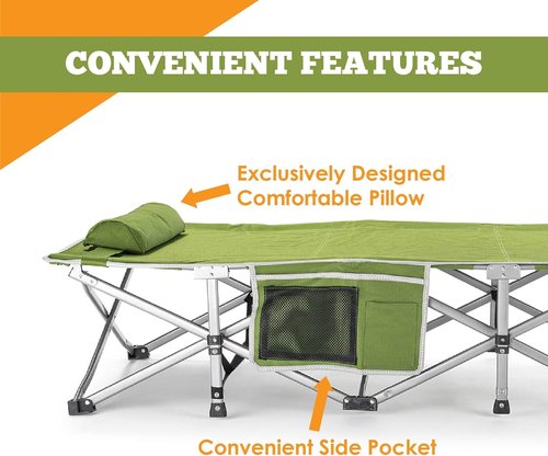Alpcour Folding Camping Cot – Extra Strong Single Person Small-Collapsing Bed in a Bag w/Pillow for Indoor & Outdoor Use – Deluxe Comfortable Extra Heavy Duty Design Holds Adults & Kids Up to 440 Lbs