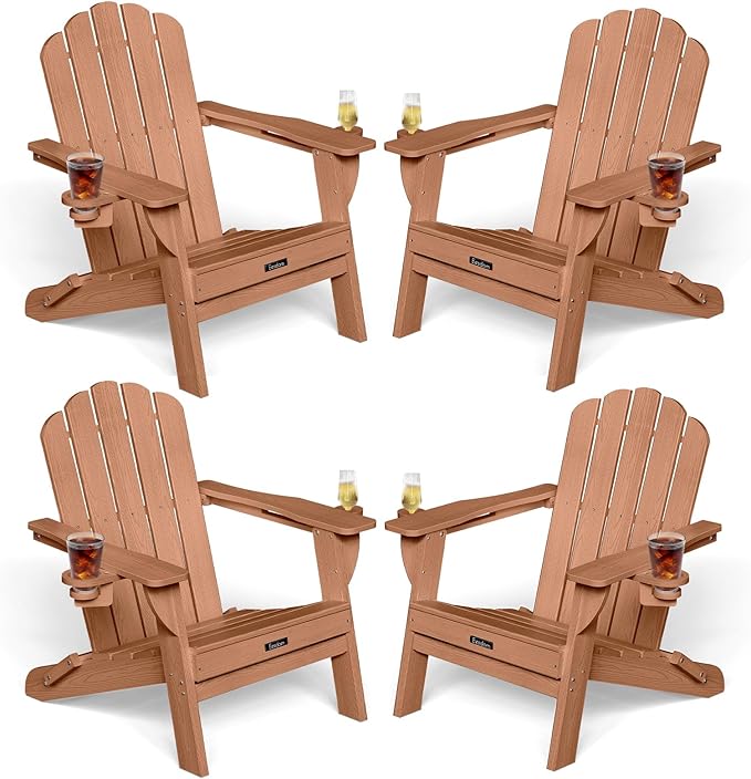 Folding Adirondack Chairs Set of 4,All-Weather HDPE Fire Pit Chair with 2 Cup Holders, Outdoor Chair for Patio Deck Garden Lawn, Teak