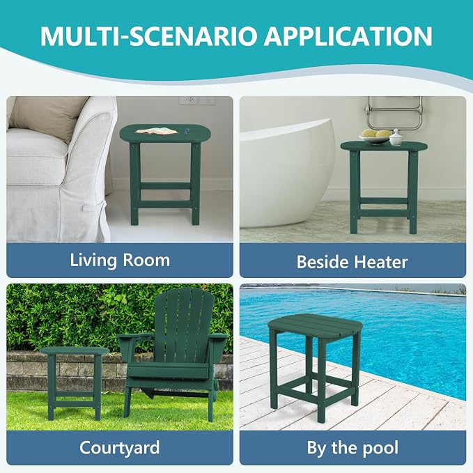Plawdlik Hdpe Outdoor Adirondack Side Table, Wooden Textured, Set for Patio, Garden, Porch, Pool Composite Patio, Backyard, Bathroom and Indoor, Maintenance & Weather Resistant （Green）