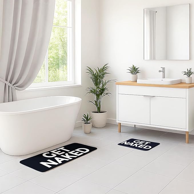 Black Get Naked Memory Foam Runner Rug 17x47 Inch, Funny Bathroom Rugs, Cute Dorm, Apartment Decor, Soft Non Slip Absorbent Mats for Shower, Vanity