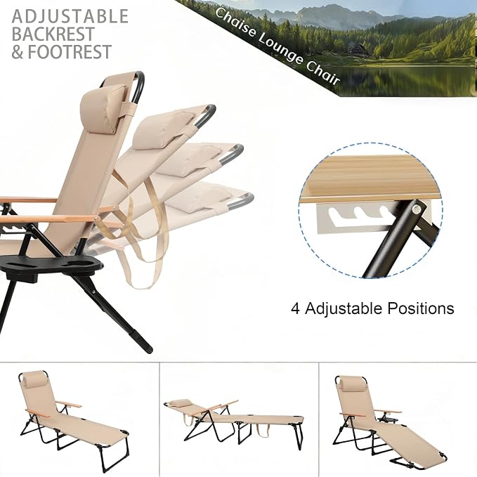 Foldable Chaise Lounge Chair Outdoor, 4-Position Reclining Outdoor Lounge Chairs with Wooden Armrest, Folding Sun Lounger with Removable Pillow for Garden Beach Patio Camp (Black)