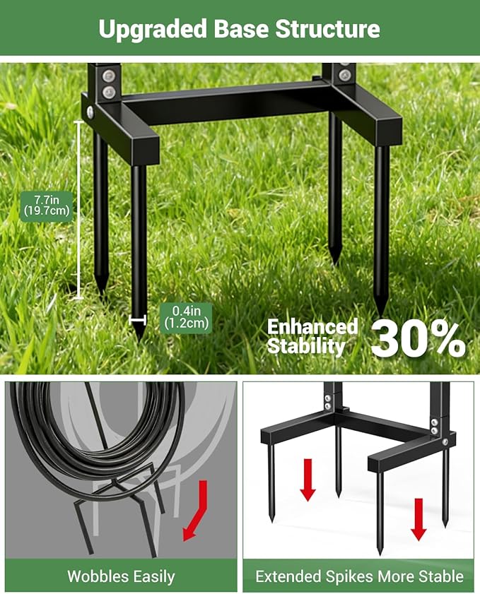 HZE Garden Hose Holder, Freestanding Water Hose Reel Stand for Outside with Solar Light, Heavy Duty Detachable Metal Storage Rack Holds 160 FT for Yard Lawn Farm, Black