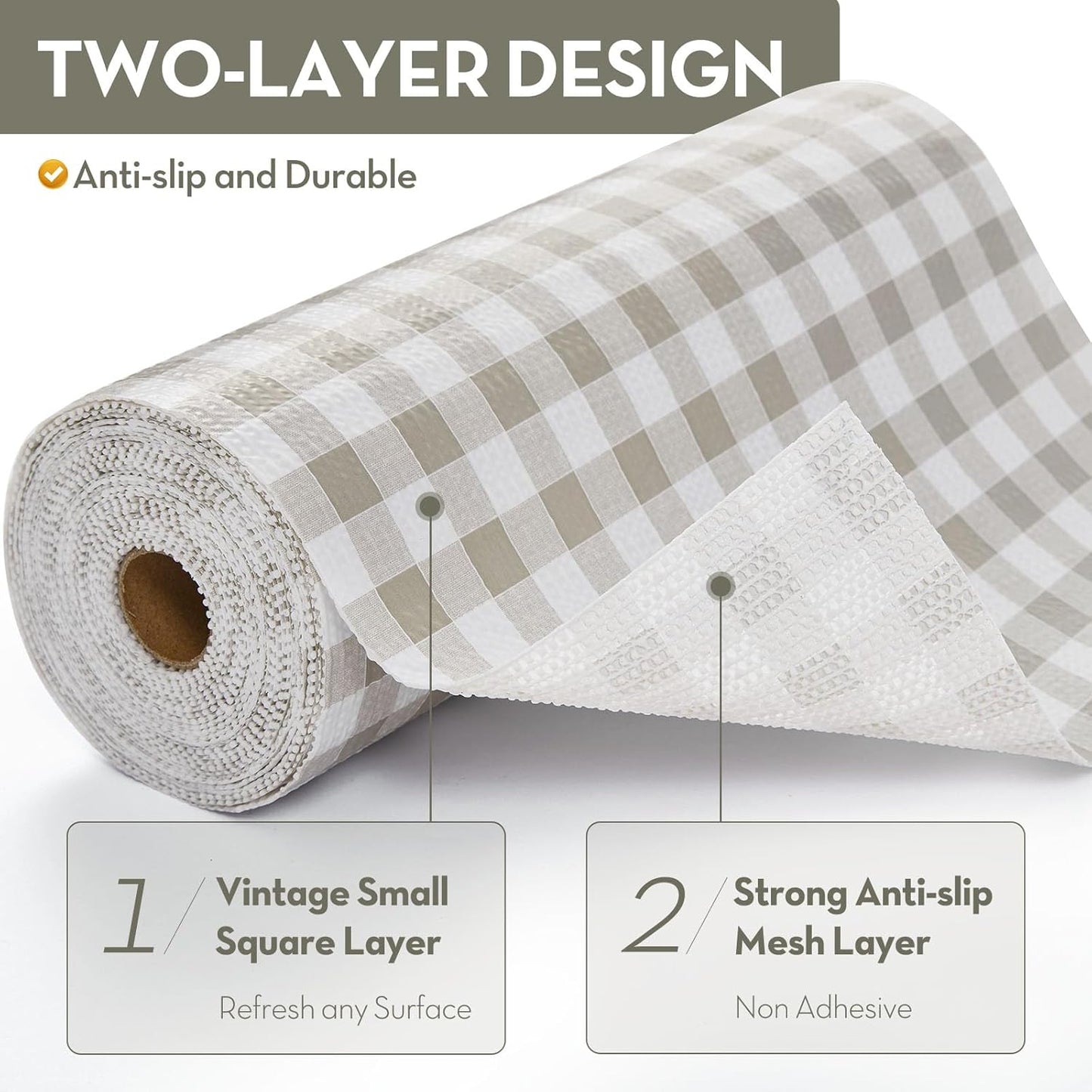 Drawer Shelf Liner, Non-Slip Kitchen Cabinet Liners Non-Adhesive Thick Strong Grip Waterproof Mats Protect Dresser Shelves Cupboard Bathroom Cabinets, Green Plaid, 17.5 in X 20 FT