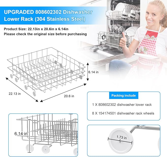 UPGRADED 808602302 Dishwasher Lower Dishrack for Frigidaire Kenmore Dishwasher Rack Replacement Parts with Wheel,808602302 154432602 Frigidaire Dishwasher Rack Parts 304 Stainless Steel Bottom Rack